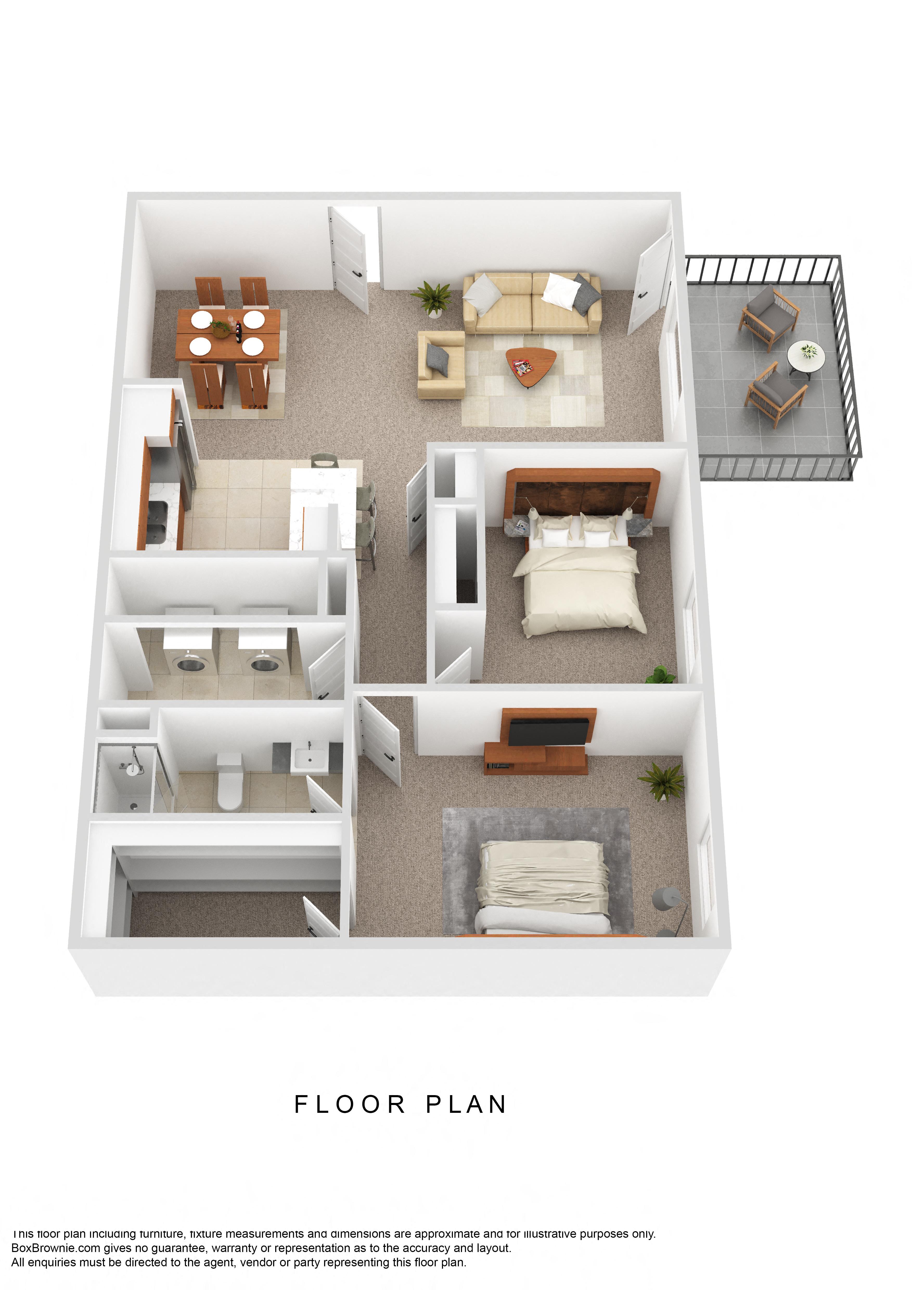 Floor plan for 2 beds, 2 baths, 960 sqft